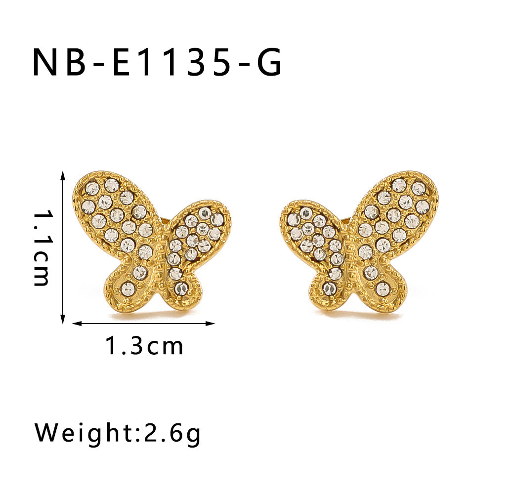 Minimalist Butterfly-Shaped Stainless Steel Earrings with Rhinestone Inlay Asymmetrical Design Hypoallergenic 18K Gold Plated