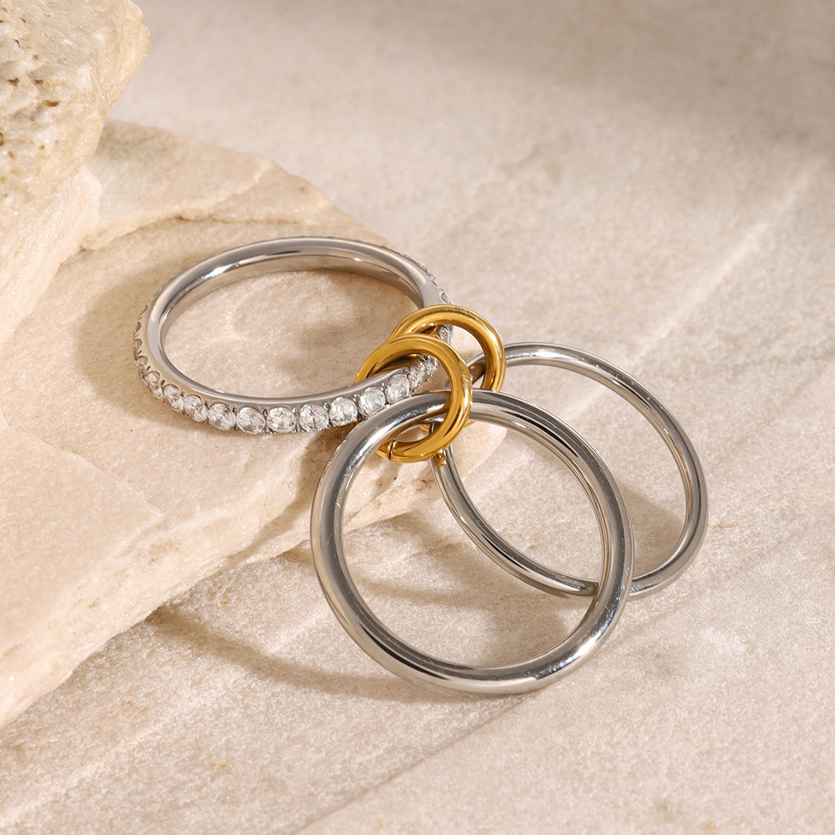 Geometric Stainless Steel Stackable Plain Band Ring with Plated Finish and Zirconia Accents for Women