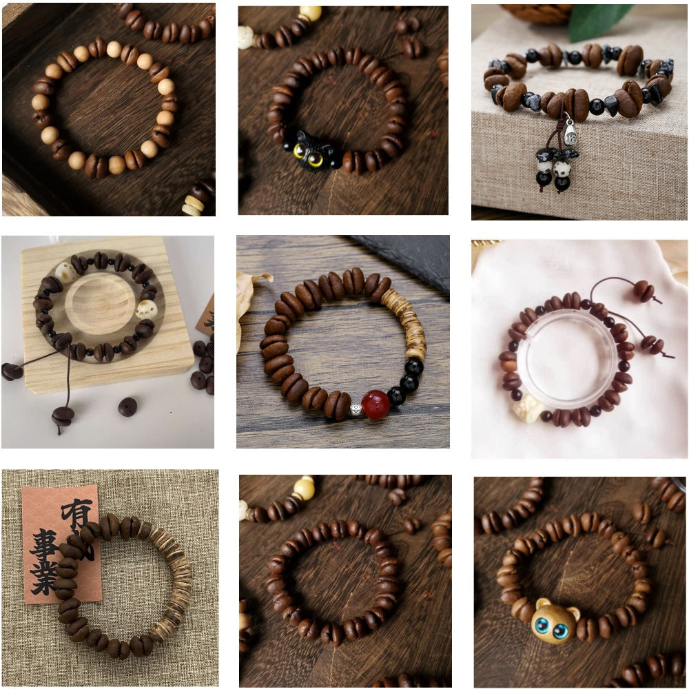 Unique Handmade Cat Animal Bracelet with Natural Wood Coconut Shell and Coffee Bean Beads