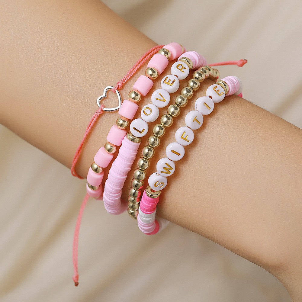 Bohemian Wood Bead and Resin Letter Bracelet Set