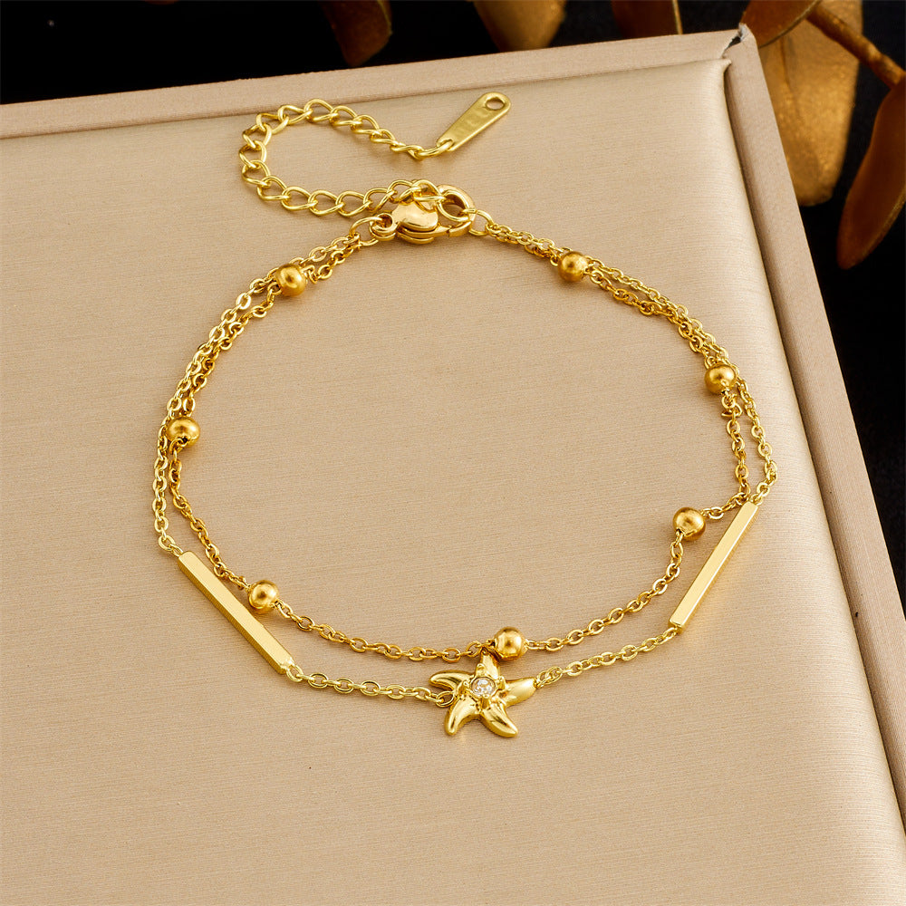 Fashion Elegant Star Rhinestone Gold Plated Stainless Steel Irregular Layered Bracelet for Women