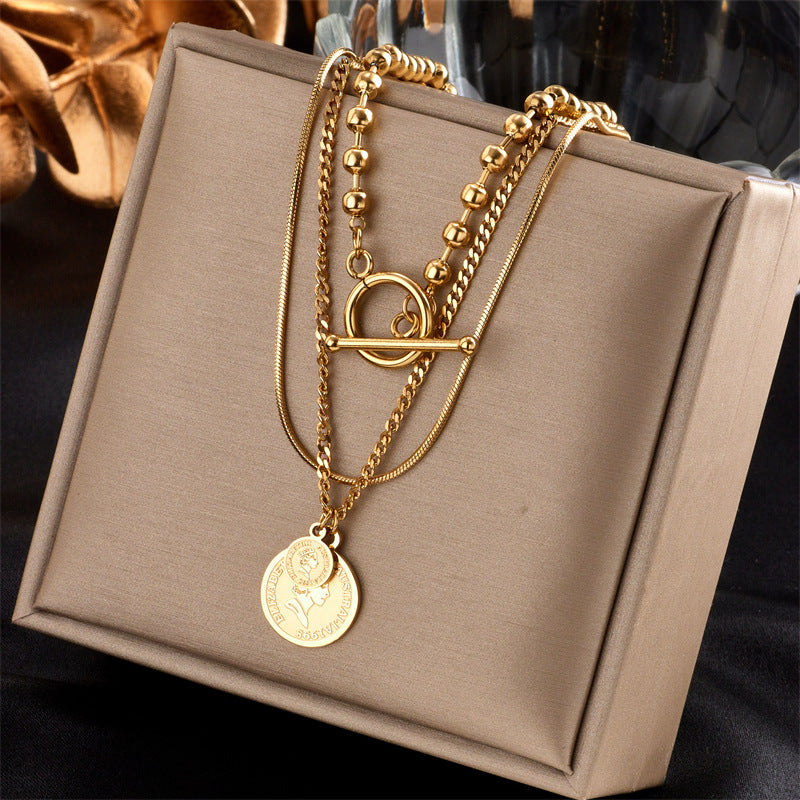 Vintage Luxury Gold Plated Heart Butterfly Round Stainless Steel Necklace with Pearl Multi-Layer