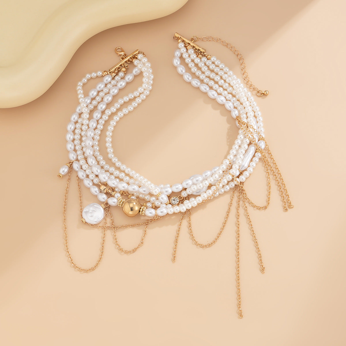 Luxury Elegant Geometric Alloy Plated Pearl Ball Chain Tassel Necklace for Women