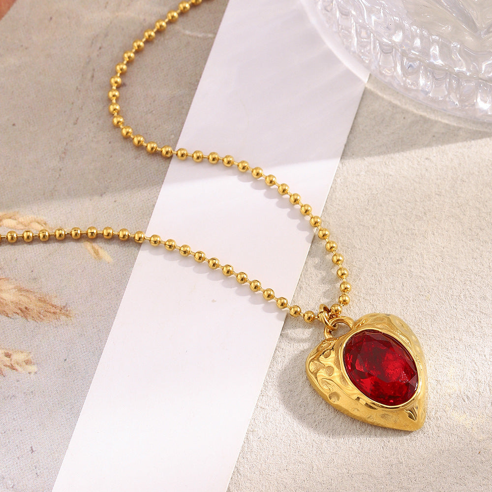 Luxury Vintage French-Style Stainless Steel 18K Gold Plated Ruby Heart Pendant Necklace with Beaded Chain