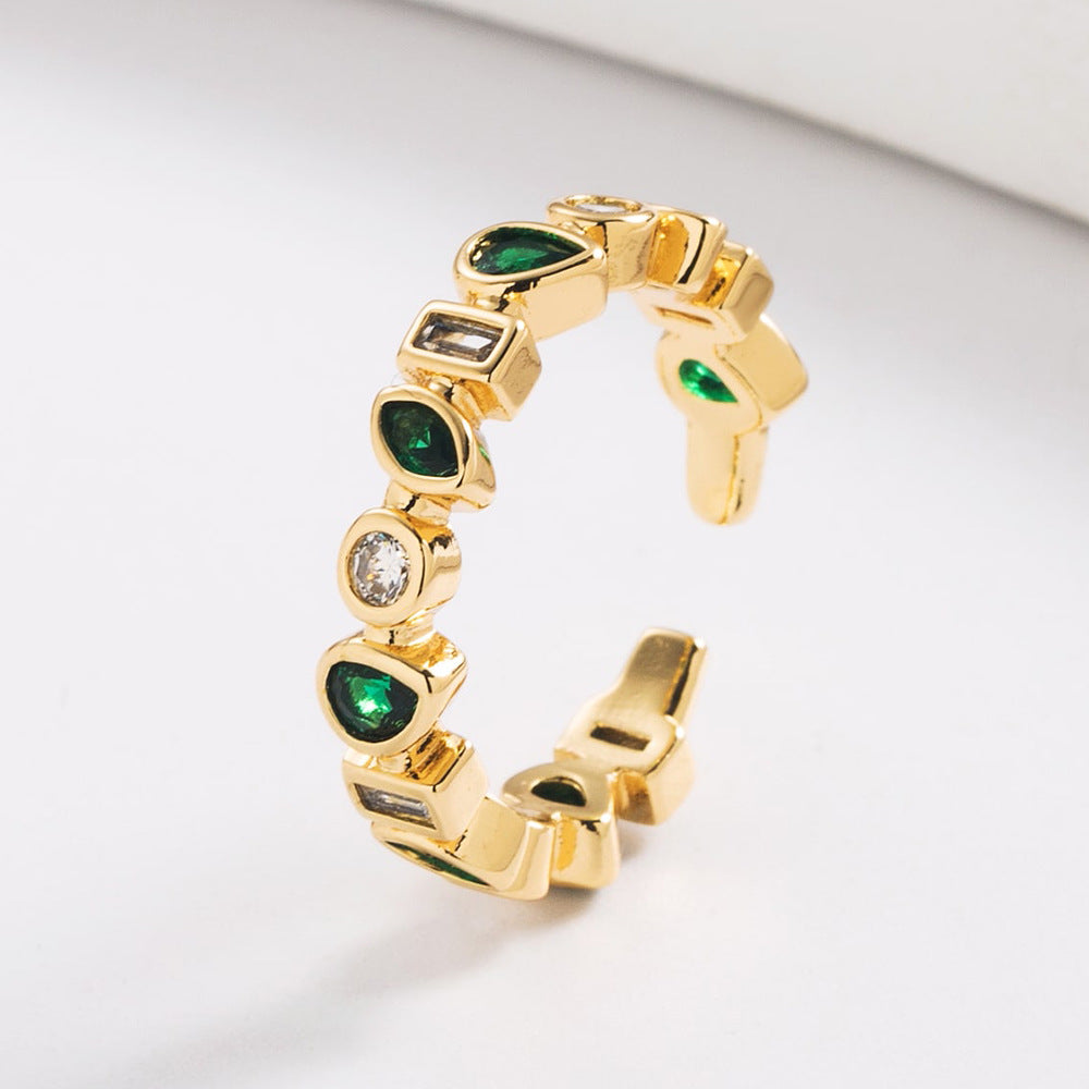 Minimalist Geometric Open Ring for Women Made of Copper with 18K Gold Plating and Micro-Paved Zirconia