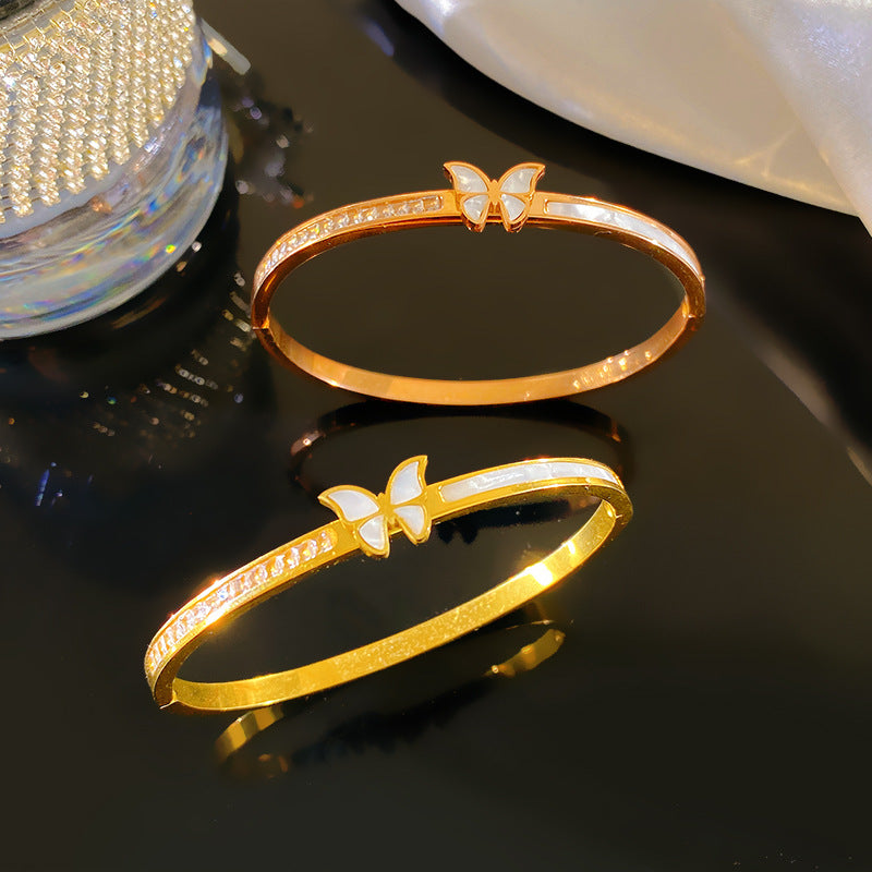 Elegant Micro-inlay Shell and Cubic Zirconia Butterfly Open Cuff Titanium Steel Bracelet