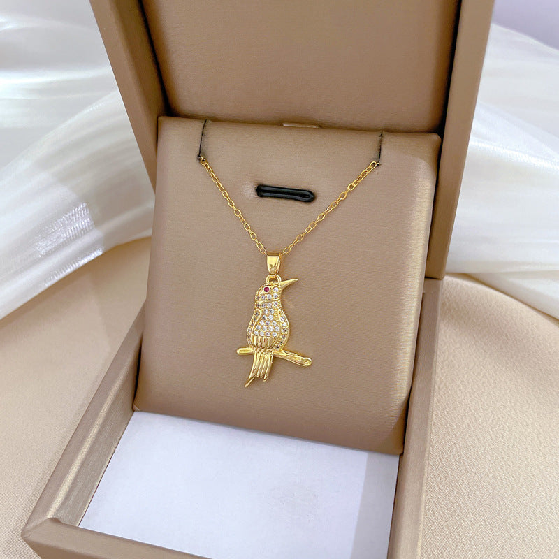 Minimalist Bird Pendant Necklace in Titanium Steel with Full Rhinestone Inlay for Women and Men