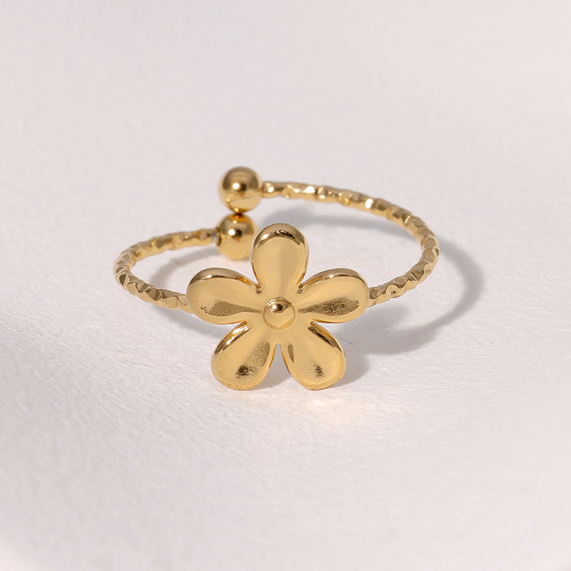 Anello Floreale Minimalista in Acciaio Inossidabile Placcato Oro, Fascia Aperta Regolabile per Donna