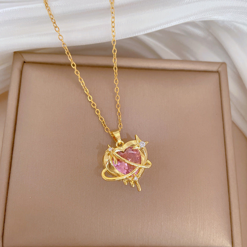 Minimalist Heart and Starburst Pendant Necklace in Titanium Steel with Rhinestones for Women Lightweight Clavicle Chain