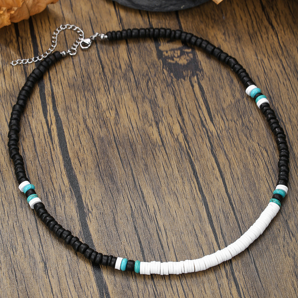 Bohemian Geometric Wood Bead Turquoise Short Necklace for Men