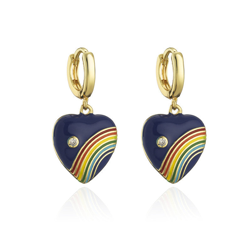 Vintage Drip Oil Rainbow Heart Geometric Brass 18K Gold Plated Micro-set Cubic Zirconia Earrings for Women