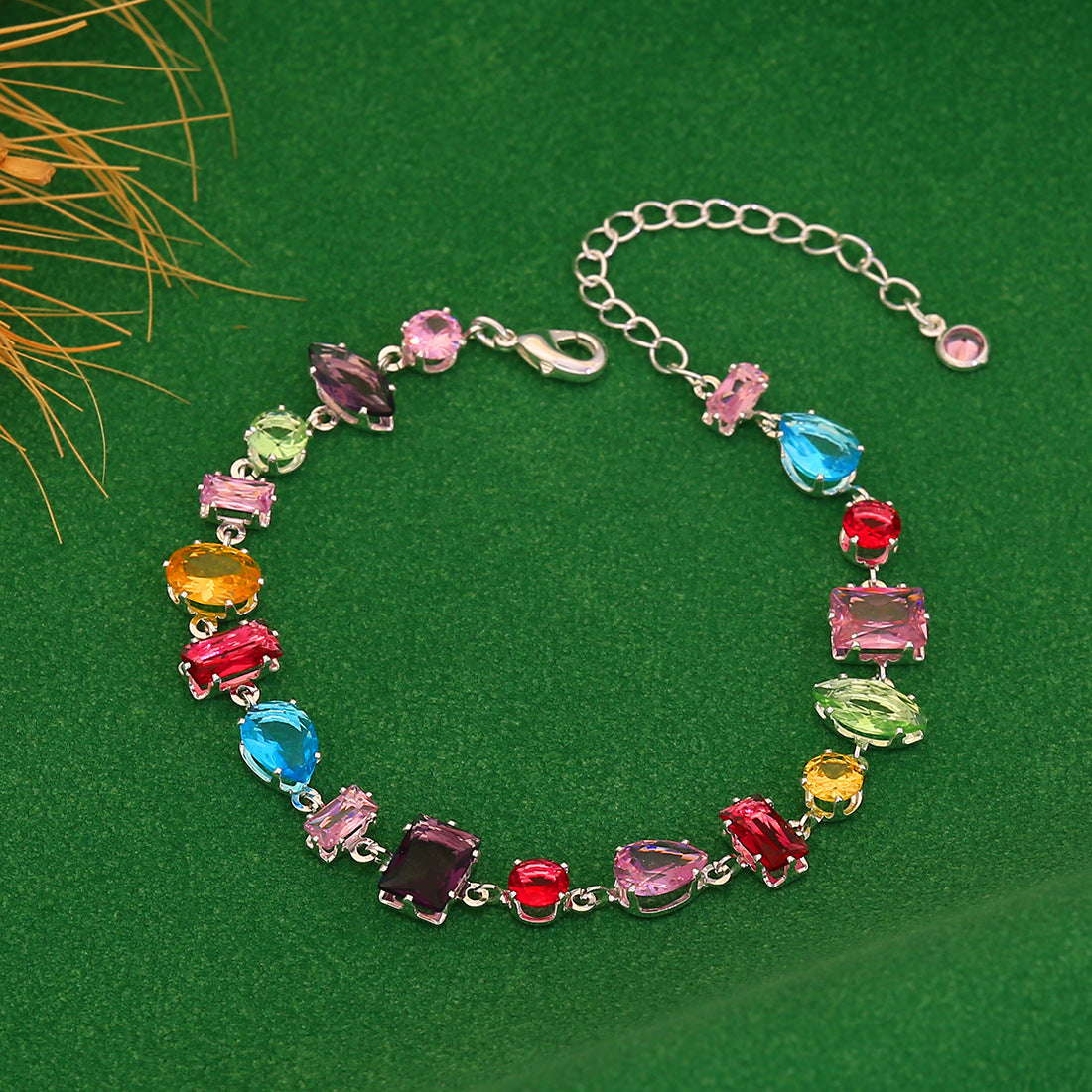 Minimalist Geometric Candy-Colored Zircon Crystal Bracelet for Women in Copper with Micro-Pavé Setting