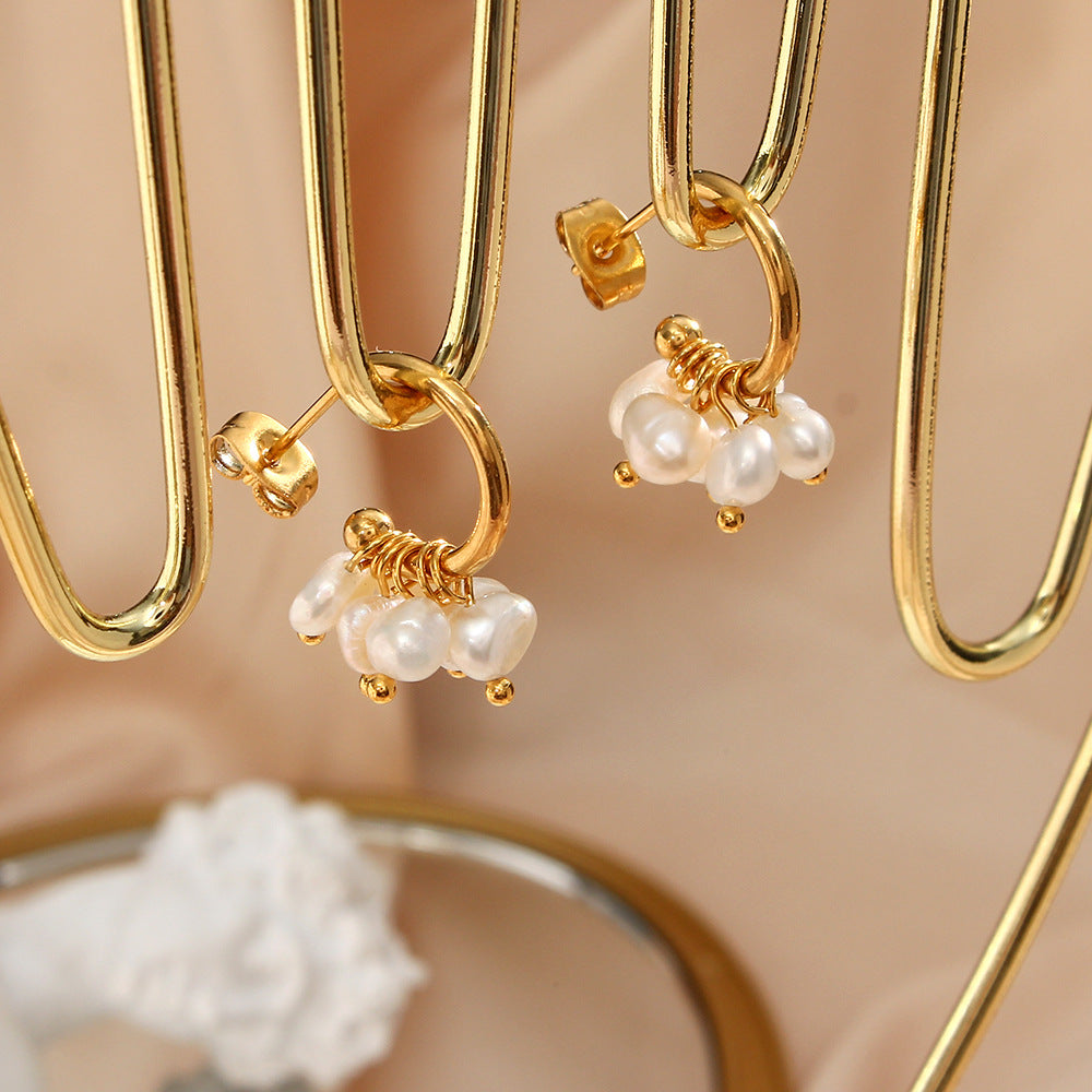 Minimalist Fresh Multi-Layer Pearl Earrings with Geometric Design in Plated Metal for Women