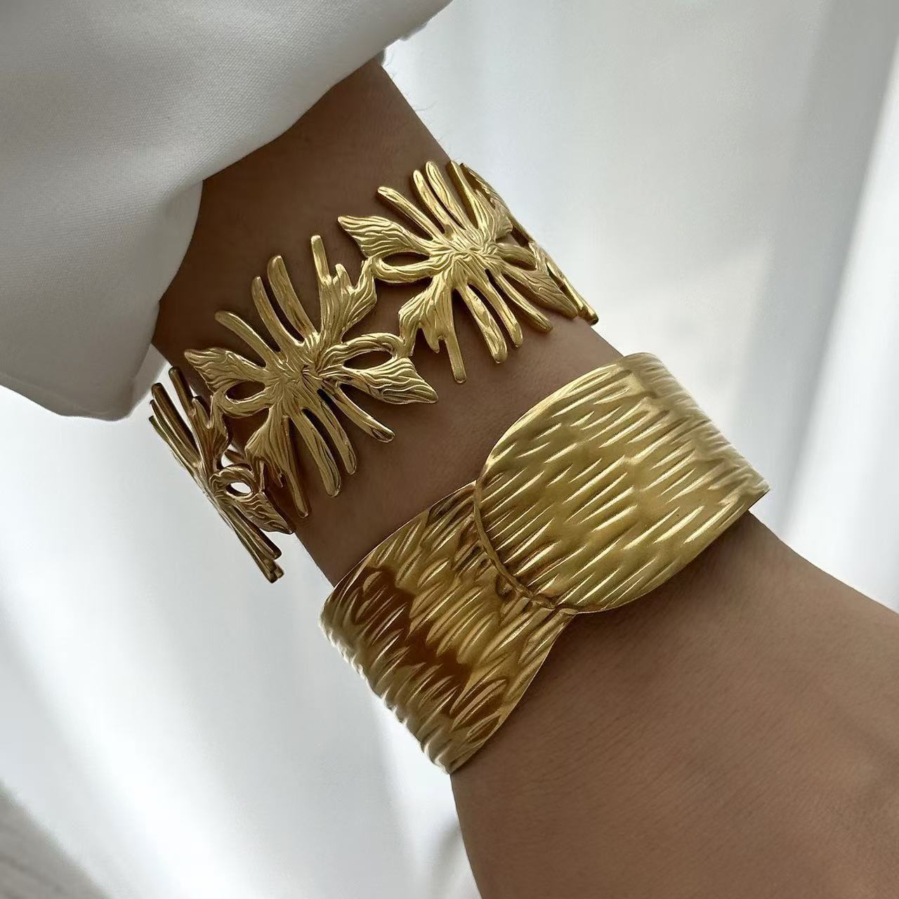 Fashion Geometric Textured Wave Pattern Plated Stainless Steel Wide Open Cuff Bracelet for Women