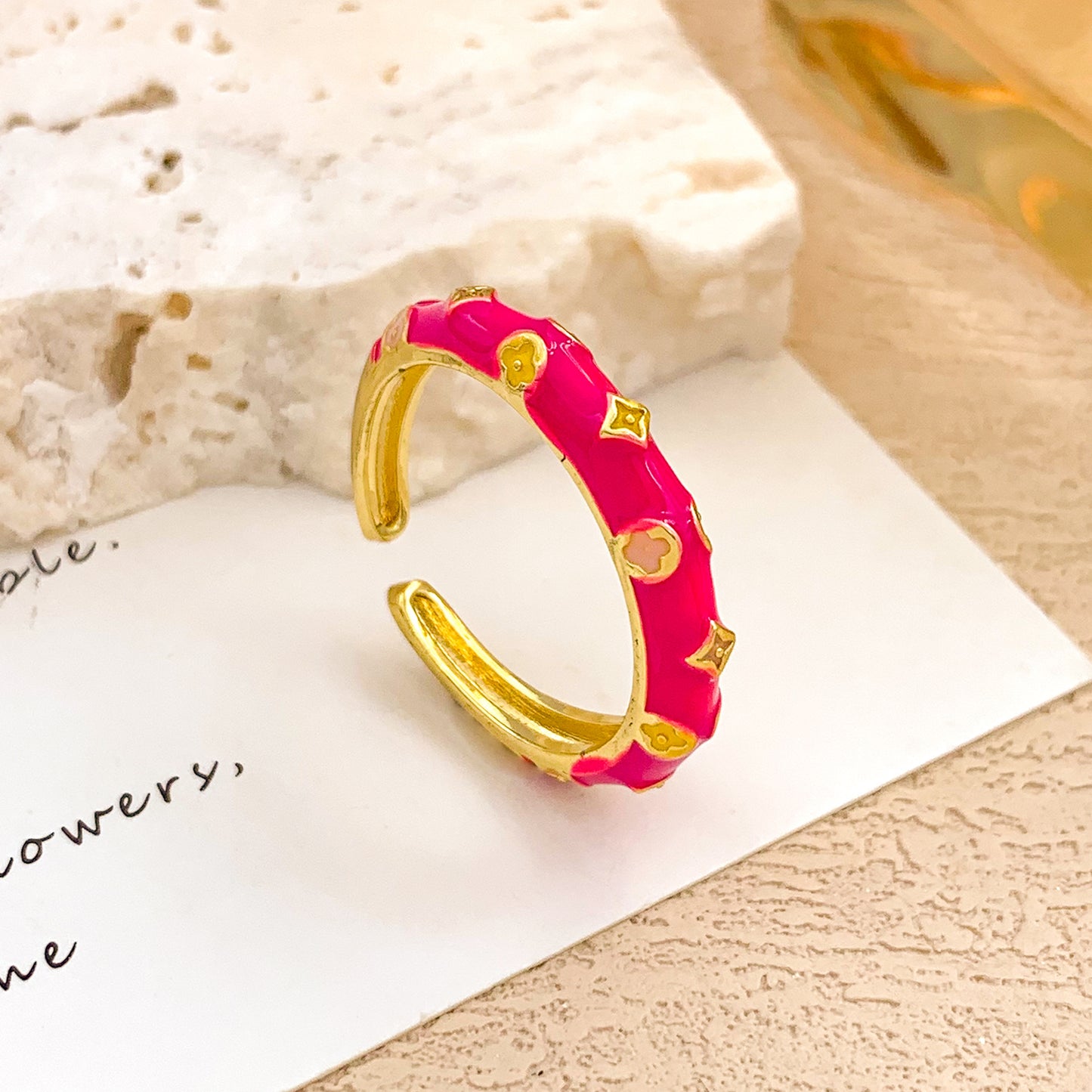 Sweet Gold Plated Drip Oil Floral Alloy Ring for Women