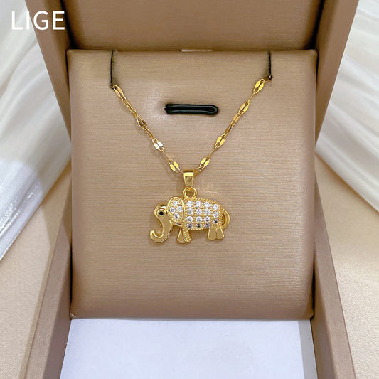 Collar con Colgante de Elefante Minimalista de Acero de Titanio con Incrustaciones de Pedrería para Mujer y Hombre, Cadena de Eslabones Ajustable