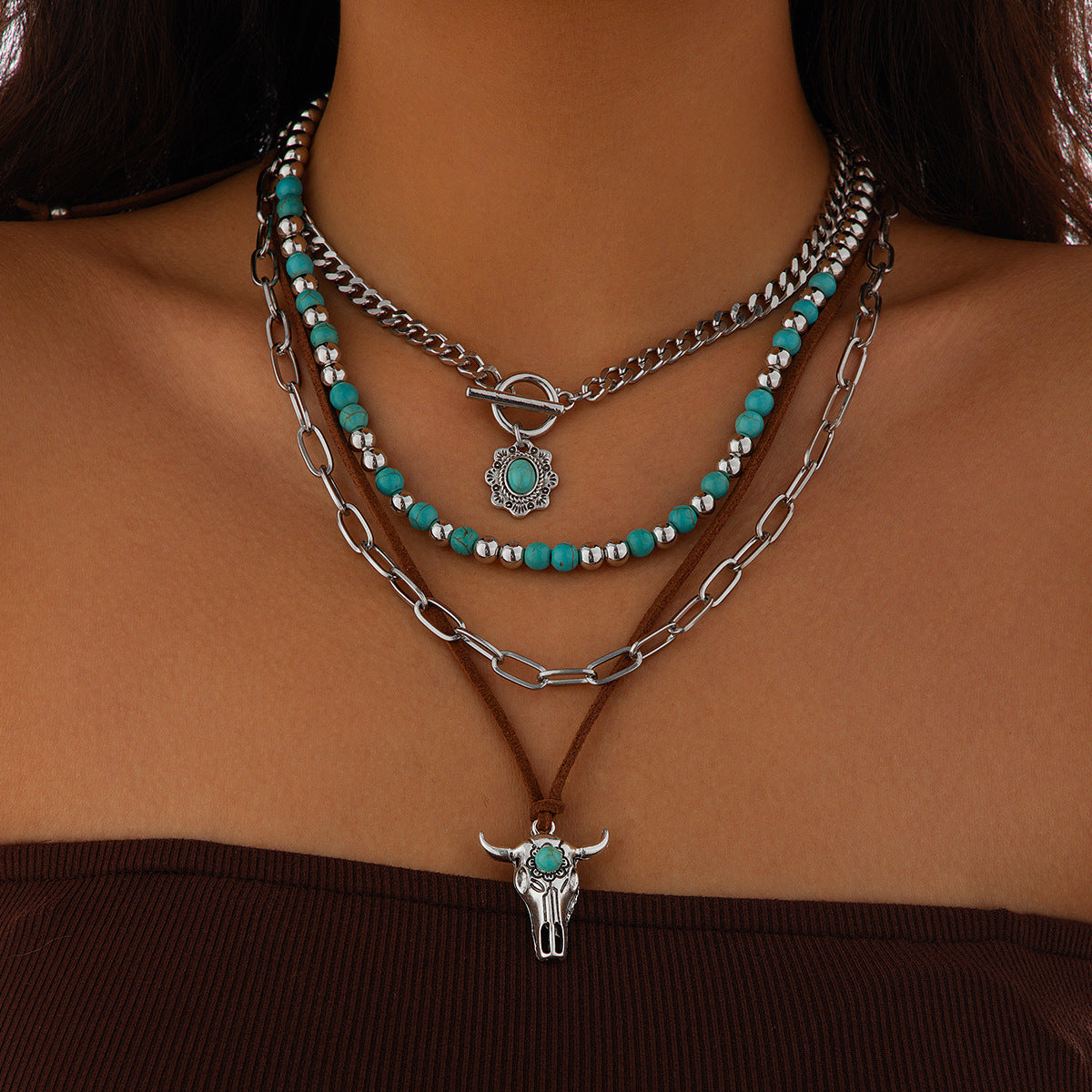 Collar de Clavícula con Colgante de Toro de Estilo Étnico Vintage con Efecto Turquesa, con Motivos Geométricos y de Animales en Aleación con Acabado Chapado