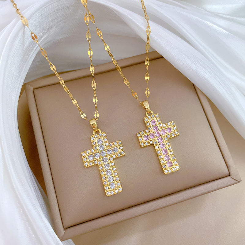 Collana con ciondolo a croce di lusso in acciaio al titanio con strass, catena alla clavicola geometrica unisex