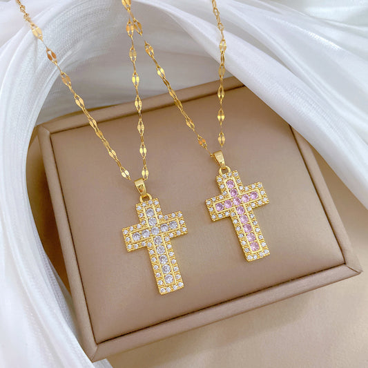 Luxury Titanium Steel Rhinestone Cross Pendant Necklace Geometric Unisex Collarbone Chain