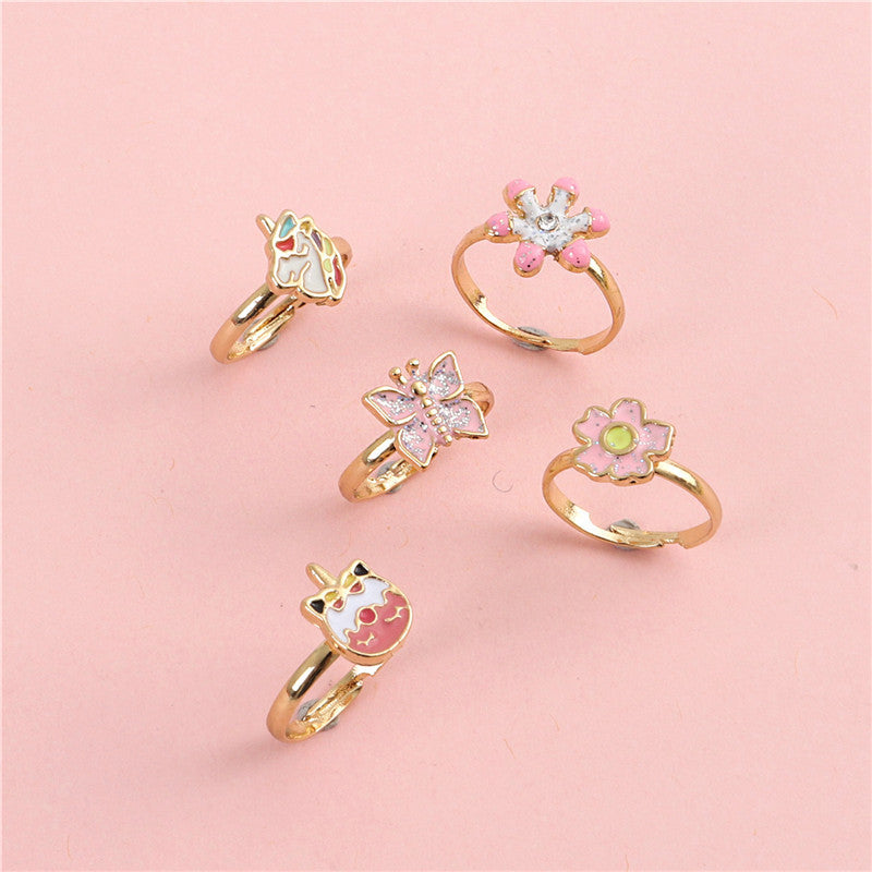 Anello a cartone animato con farfalla floreale per bambini in lega regolabile con finitura smaltata, stile principessa, anello regolabile per dito carino