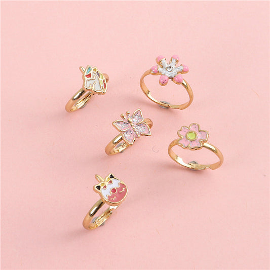 Cartoon Floral Butterfly Ring for Kids Alloy Adjustable Enamel Finish Princess Style Cute Adjustable Finger Ring