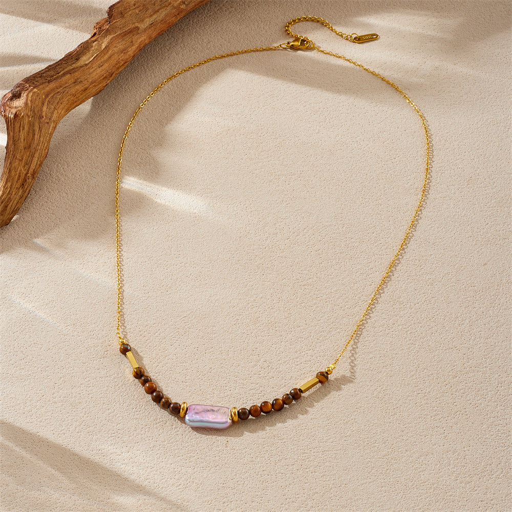 Elegant Gold Plated Stainless Steel Necklace with Agate and Pearl Beads