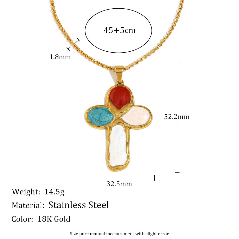 Luxury Vintage Cross Pendant Necklace in Stainless Steel with 18K Gold Plating and Enamel Coloring