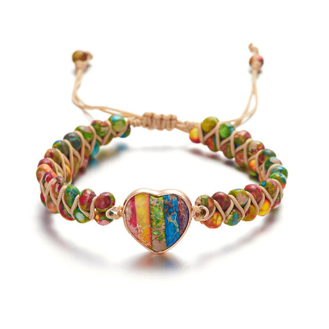 Vintage Bohemian Heart Shape Natural Agate Beaded Bracelet Unisex Ethnic Style Handmade Jewelry