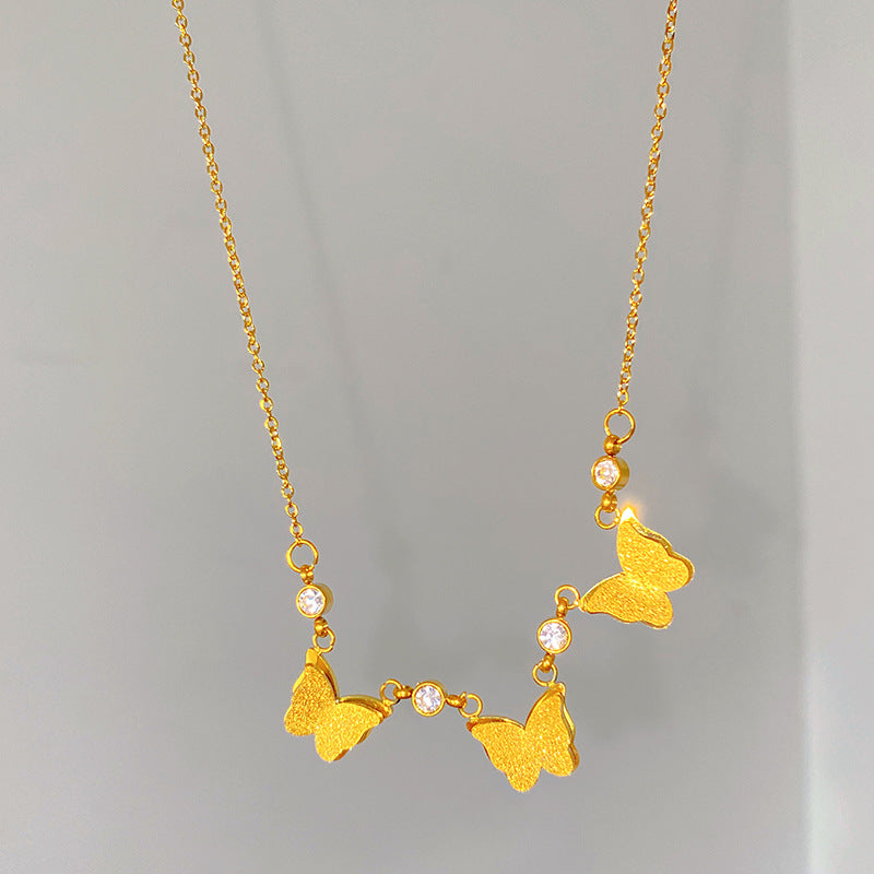 Vintage Matte Titanium Steel Butterfly Necklace with Cubic Zirconia Inlay
