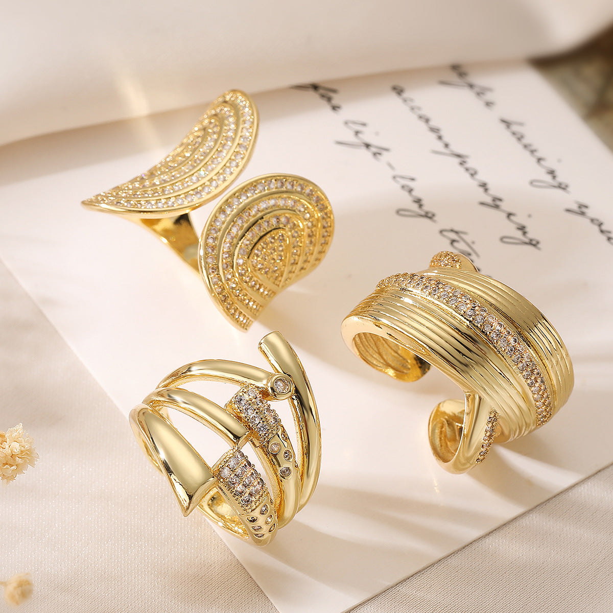 Minimalist Irregular Geometric Copper Ring with Real Gold Plating and Zircon Inlay for Women