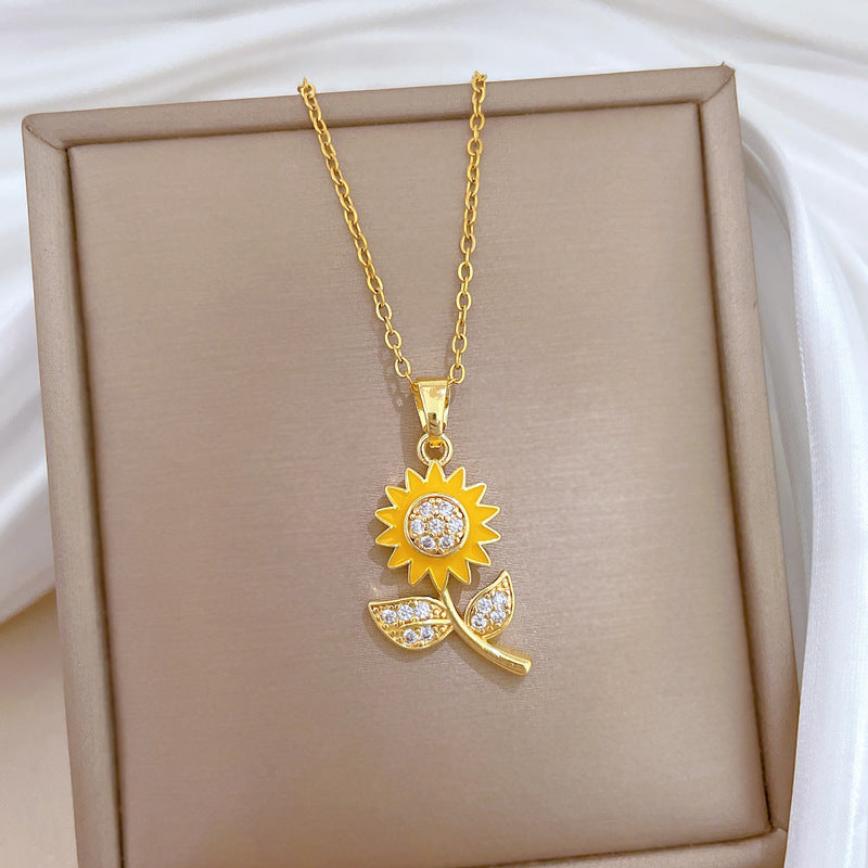 Sweet Elegant Drip Oil Rhinestone Sunflower Titanium Steel Necklace for Unisex