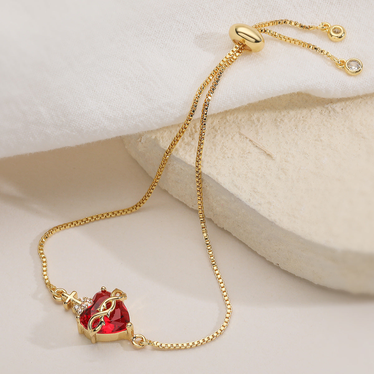 Red Cubic Zirconia Heart Cross Geometric Gold Plated Brass Bracelet for Women