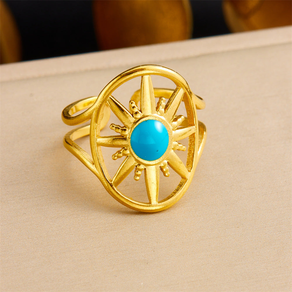 Anillo de acero inoxidable geométrico de estilo vintage con baño de oro de 18 quilates y detalle de corazón asimétrico para mujer