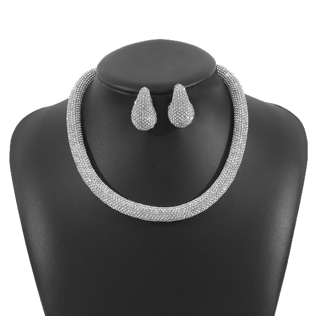 Set di collana e orecchini da donna in lega a forma geometrica con intarsio di strass, stile OL, alla moda