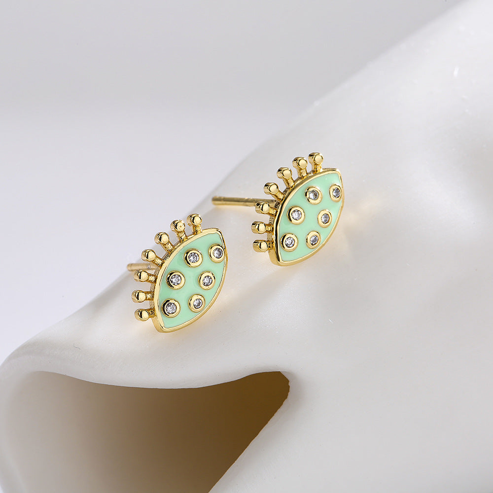 Vintage Geometric Eye Stud Earrings for Women Made of Copper with 18K Gold Plating and Enamel-Zirconia Accents