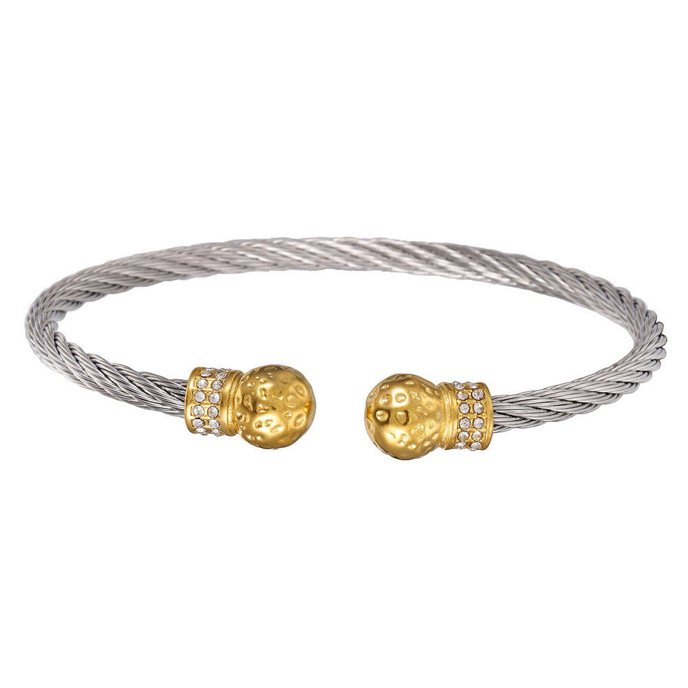 Personalized Luxury Streetwear Gold Plated Round Geometric Polished Titanium Steel Rope Chain Bracelet with Cubic Zirconia for Women