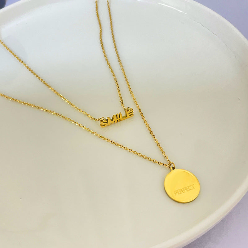 Minimalist Geometric Round Pendant Necklace in Titanium Steel with Plated Finish Double Layer Clavicle Chain for Unisex