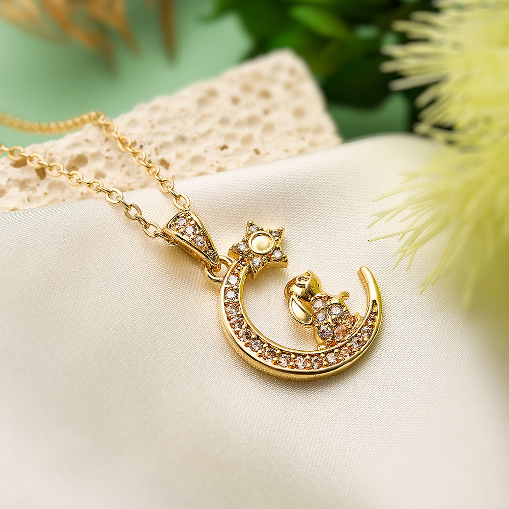 Collana con Ciondolo a Cuore Coniglio Lunare Minimalista da Donna in Rame con Placcatura in Oro 18K e Intarsi in Zirconi