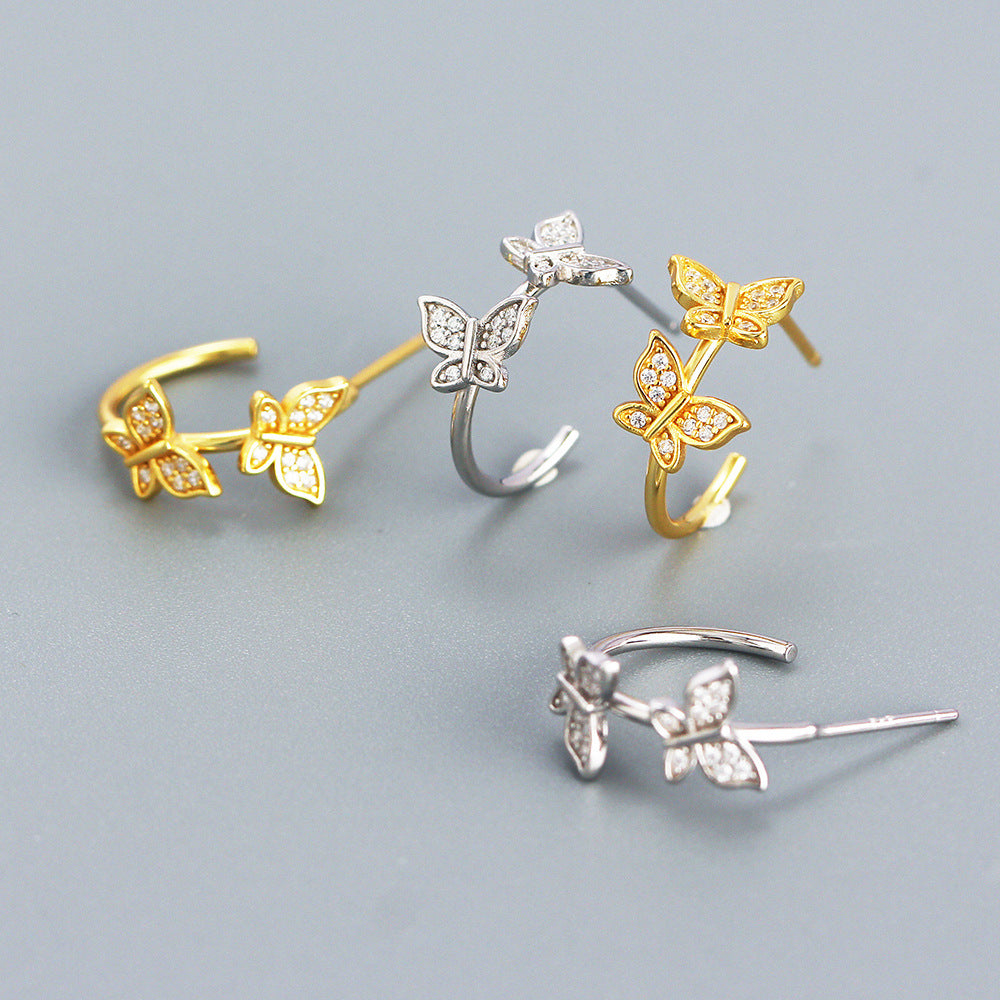 Luxury Butterfly-Shaped S925 Sterling Silver Stud Earrings with Rhinestone Inlay for Women