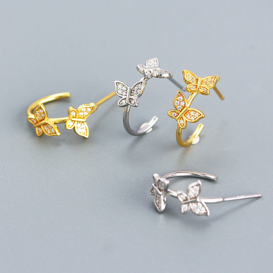 Pendientes de tuerca de plata esterlina 925 con forma de mariposa de lujo con incrustaciones de diamantes de imitación para mujer
