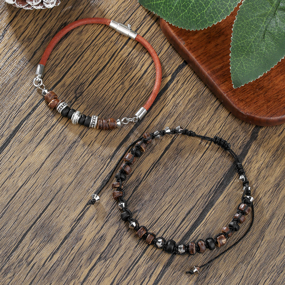 Vintage Round Wood and Agate Beaded Bracelet for Men and Women