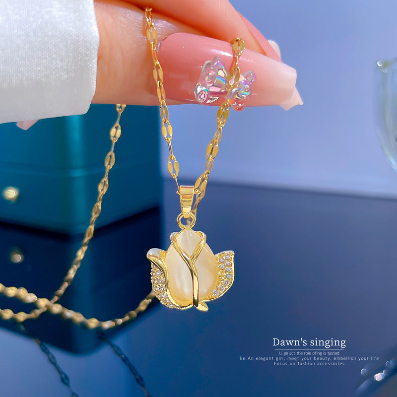 Cartoon Style Tulip-Shaped Titanium Steel Necklace with Genuine Gold Inlay for Women