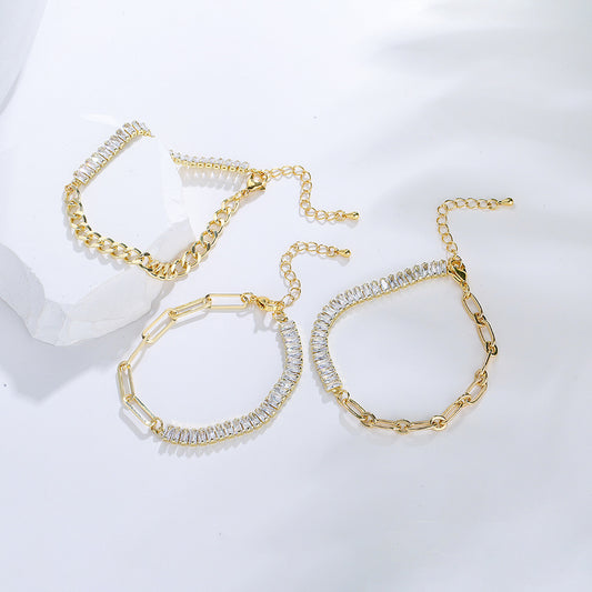 Geometric Copper Bracelet with 18K Gold Plating and Cubic Zirconia for Women, Minimalist Ins-Inspired Statement Jewelry