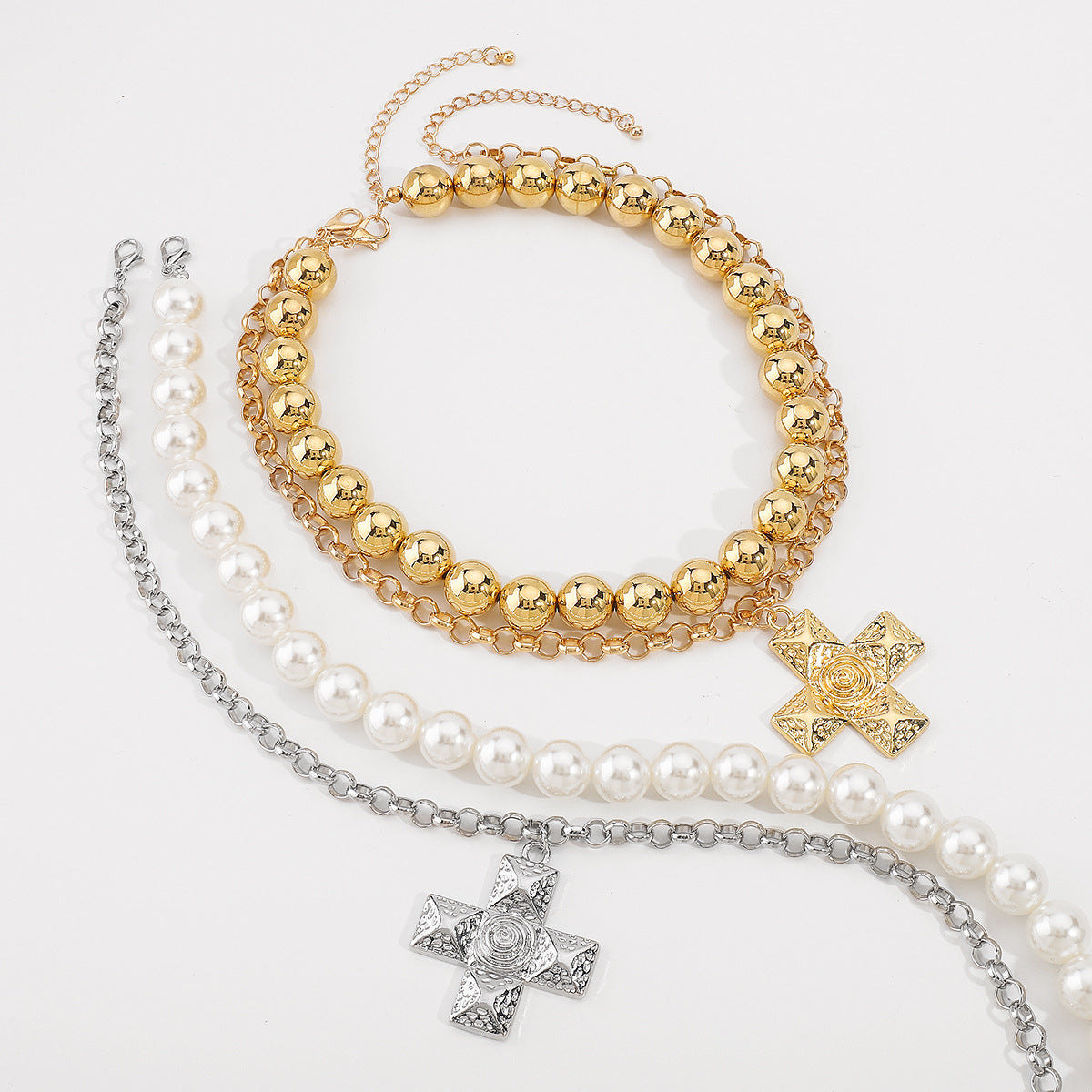 Collar minimalista con colgante de cruz, perla de imitación y cadena de aleación con acabado galvanizado para mujer