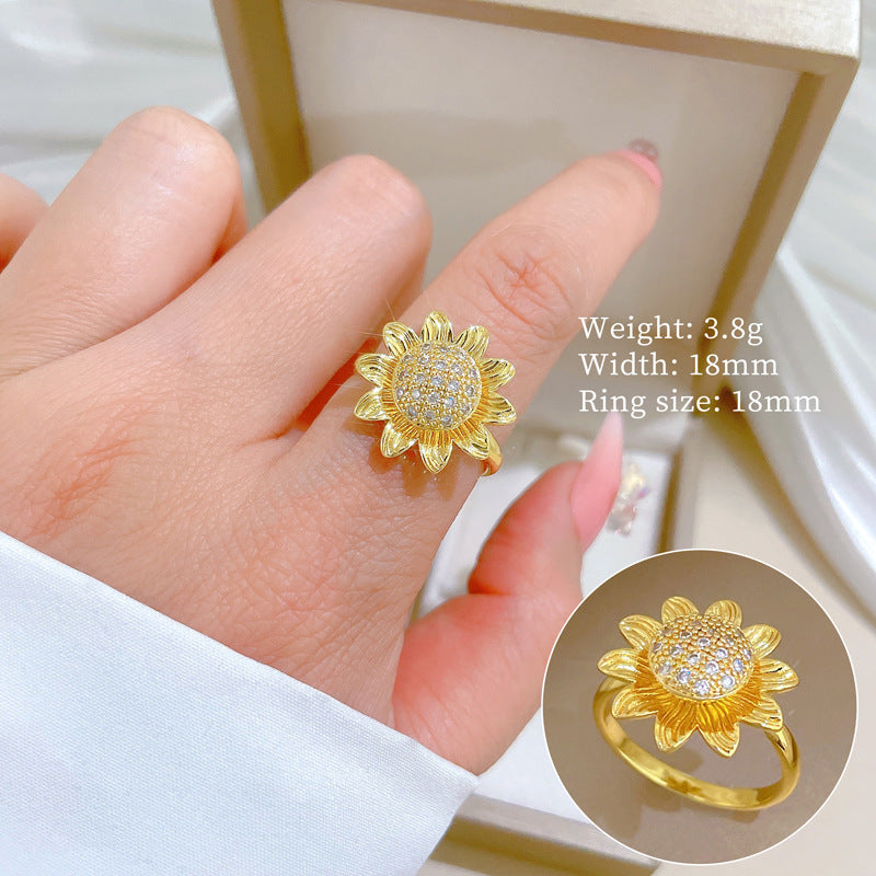 Sweet Minimalist Gold Plated Brass Rotating Sunflower Ring Adjustable Cartoon Design for Women and Couples