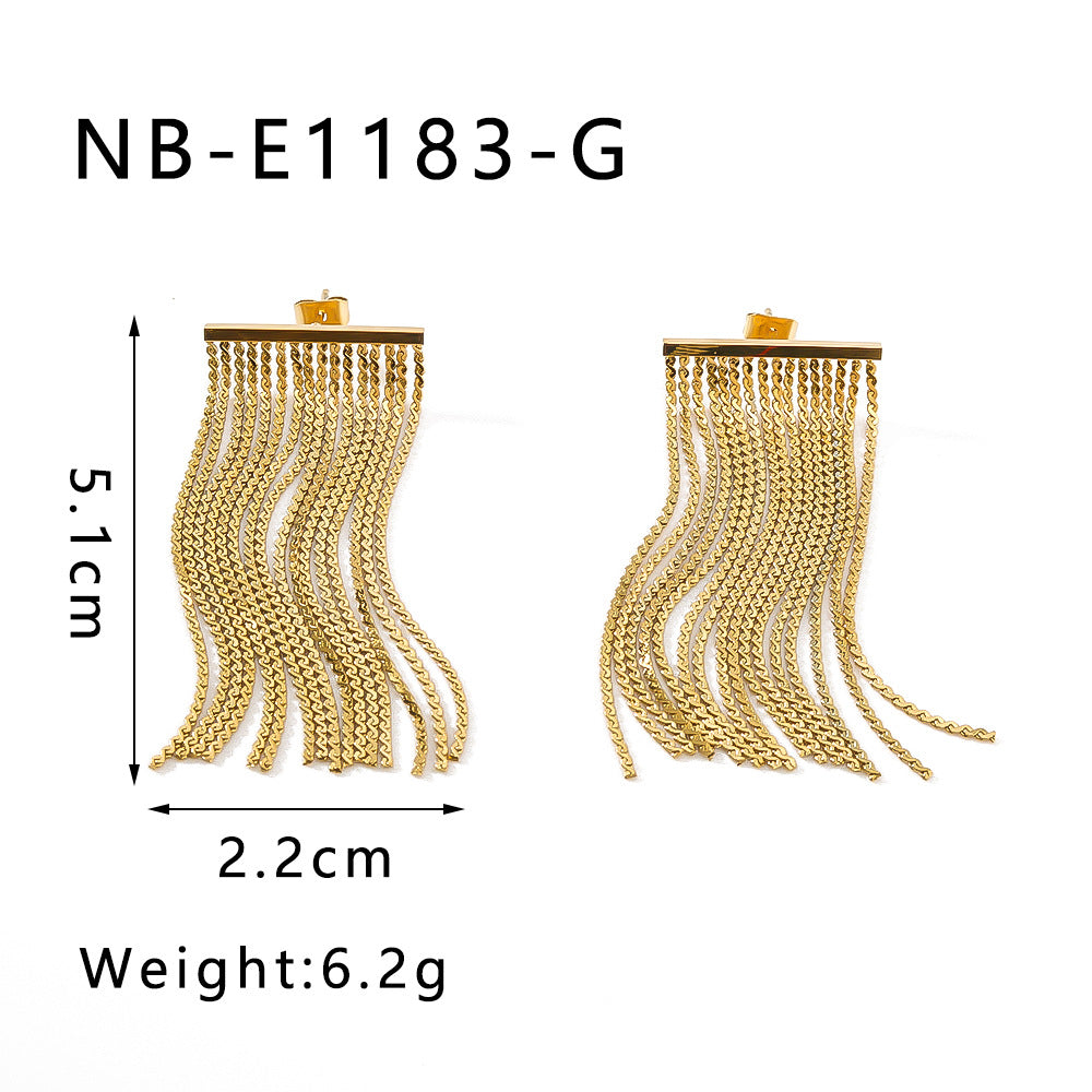 Luxury Stainless Steel Tassel and Chain Earrings for Women with 18K Vacuum Plating Finish