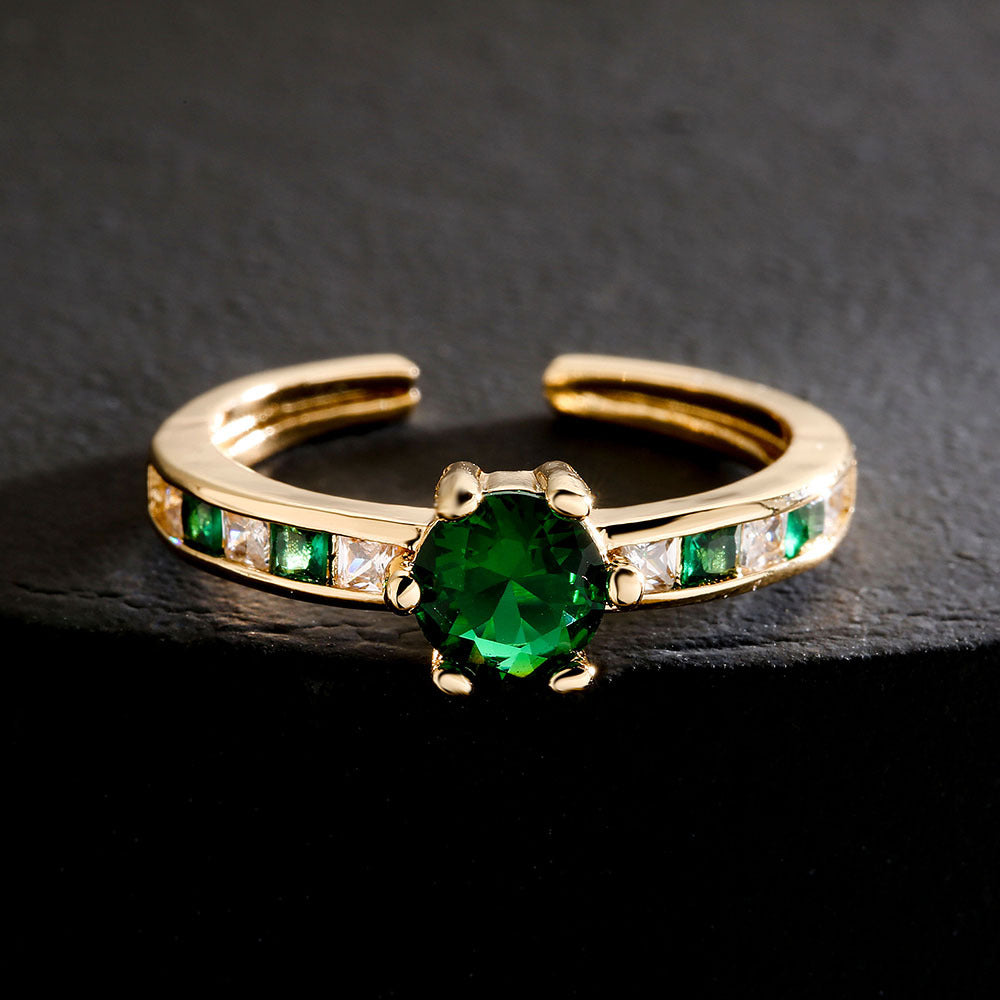 Vintage Minimalist Geometric Copper Ring with 18K Gold Plating and Micro-Paved Green Zirconia for Women