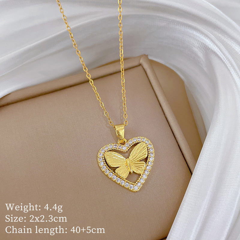 Sweet Minimalist Cross Micro-Inlaid Cubic Zirconia Brass Pendant Titanium Steel Necklace for Unisex