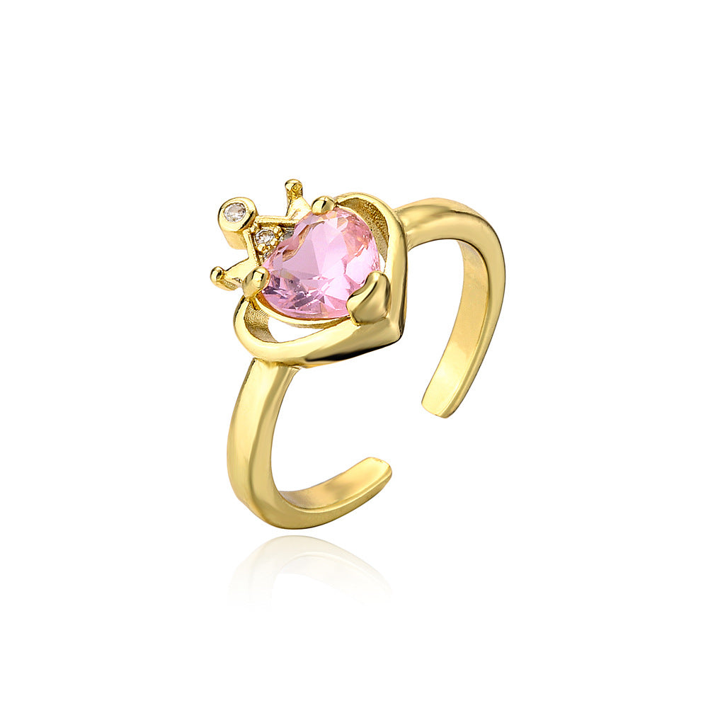 Gold Plated Brass Geometric Heart Micro-inlay Cubic Zirconia Ring for Women