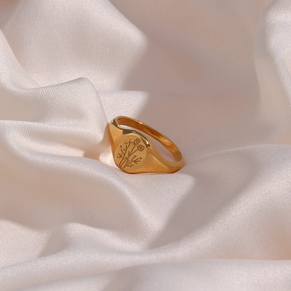 Anello da donna alla moda in acciaio inossidabile a forma di girasole con finitura galvanica e motivo lavanda inciso